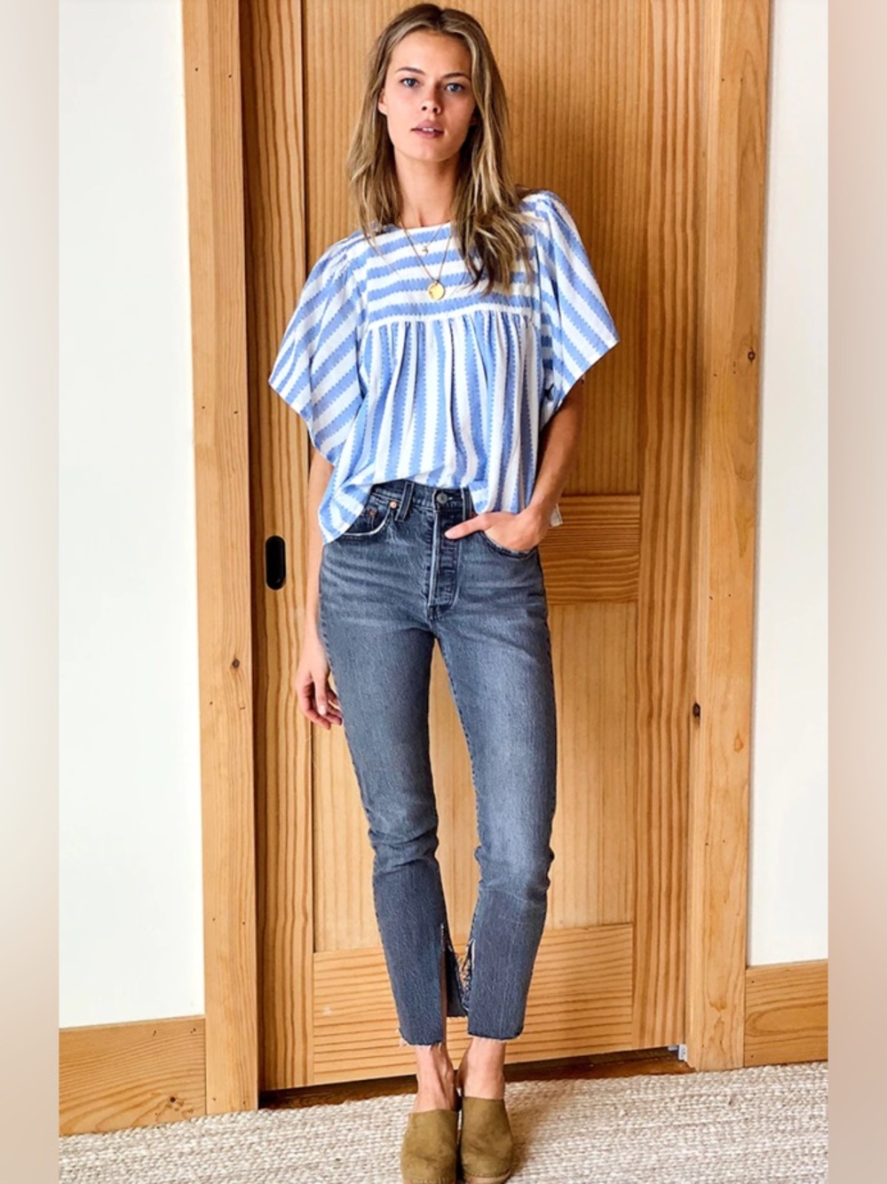 the Emerson Fry Basalie Top in Scallop Blue Stripe, Size Small